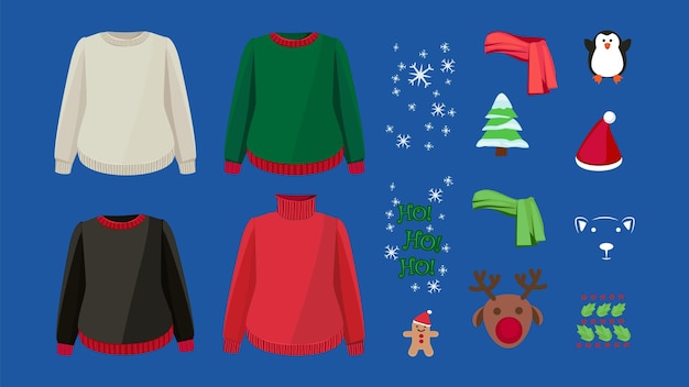 Vector kit de diseño de suéter feo. cárdigans cálidos y adornos navideños invernales. conjunto de vector de ropa de vacaciones. ilustración suéter de invierno, vacaciones de navidad, suéter y suéter