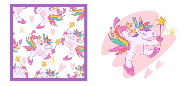Vector kit de diseños con patrón de unicornio sin costuras y vector de carácter de princesa unicornio
