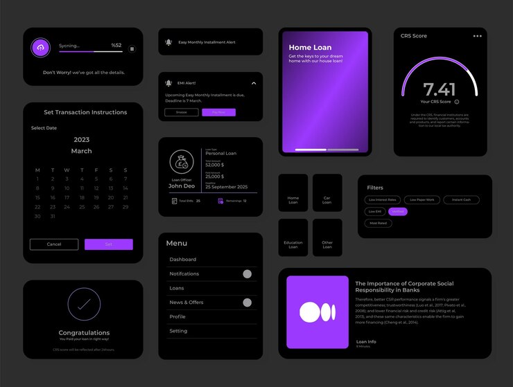 Vector kit de elementos de diseño de smart loan de tema oscuro para pantallas ui ux gui de aplicaciones móviles