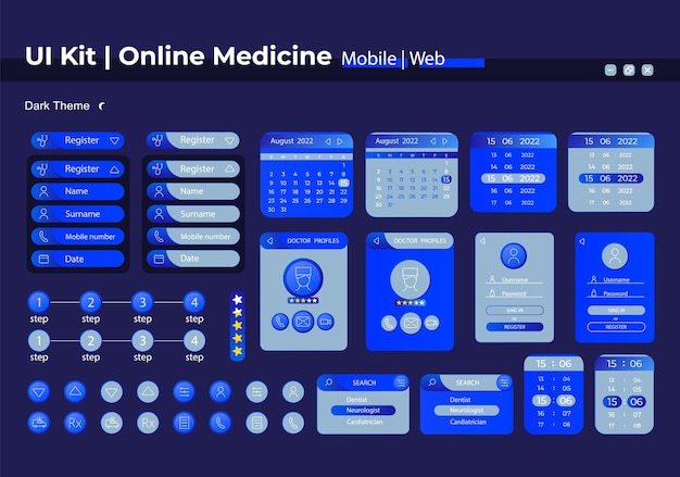 Vector kit de elementos de interfaz de usuario de servicios de telesalud componentes vectoriales aislados plantilla de botones de interfaz y menús de navegación plana colección de widgets de diseño web para aplicaciones móviles con tema oscuro