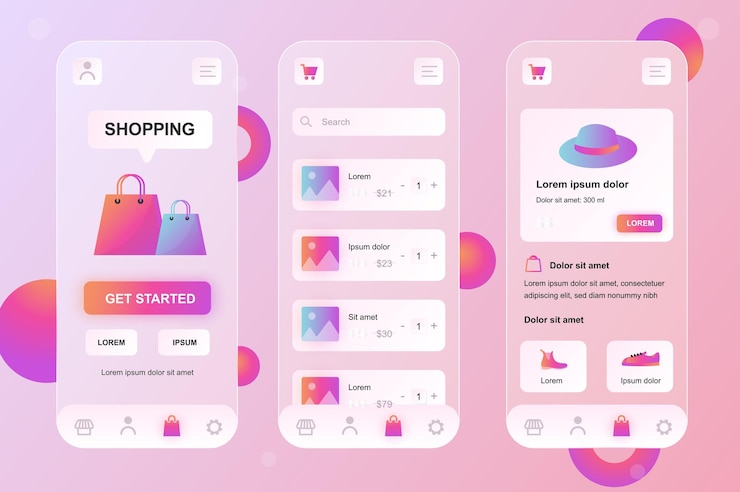 Vector kit de elementos neumorphic de diseño glassmórfico de compras móviles para aplicaciones móviles ui ux gui conjunto de pantallas