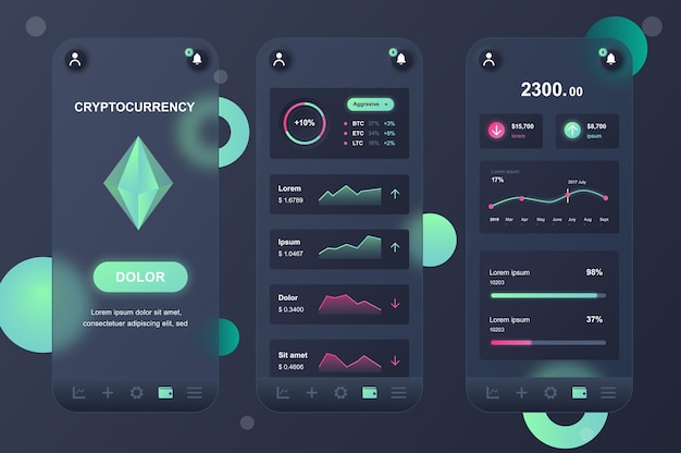 Kit de elementos neumorphic de diseño glassmórfico de criptomoneda para aplicaciones móviles UI UX GUI conjunto de pantallas