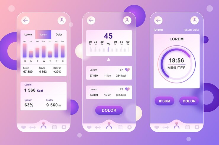 Vector kit de elementos neumorphic de diseño glassmórfico de entrenamiento de fitness para aplicaciones móviles ui ux gui conjunto de pantallas