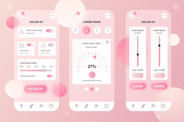 Vector kit de elementos neumorphic de diseño glassmórfico para el hogar inteligente para aplicaciones móviles ui ux gui conjunto de pantallas