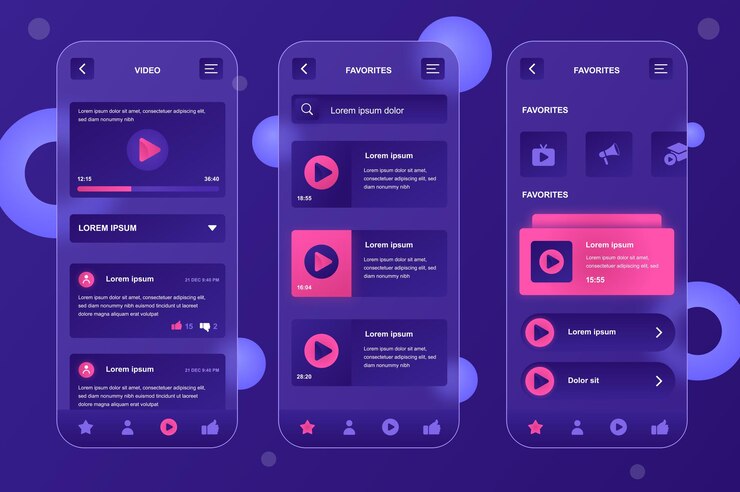 Vector kit de elementos neumorphic de diseño glassmorphic de tubo de video para aplicaciones móviles ui ux gui conjunto de pantallas