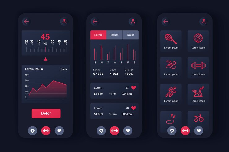 Vector kit de entrenamiento de fitness único neomórfico para la aplicación. elección del programa de acondicionamiento físico, monitoreo de salud y nivel de actividad actual. iu planificador deportivo, conjunto de plantillas ux. gui para aplicaciones móviles receptivas.