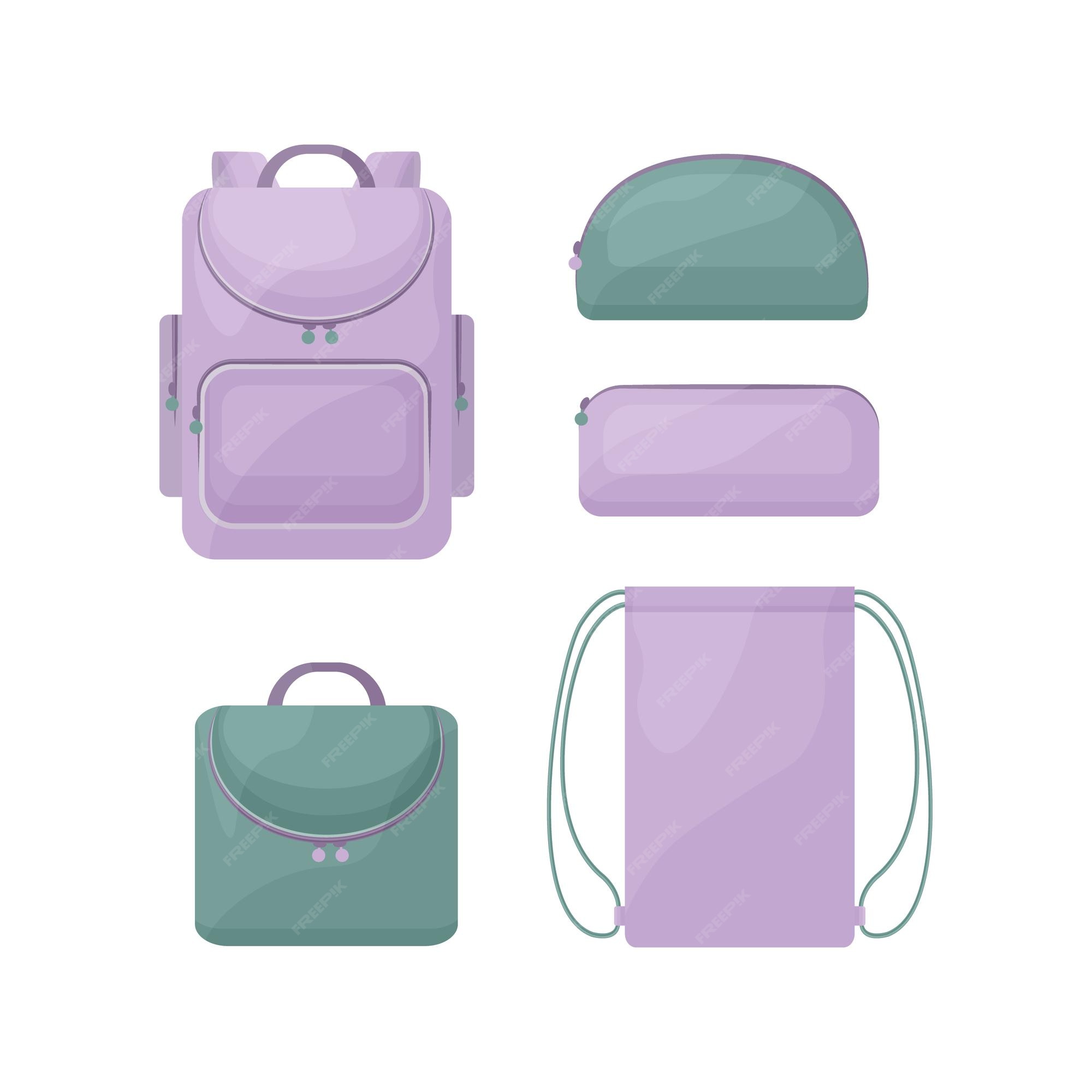 Un kit escolar compuesto por mochilas escolares, como una mochila, un estuche rectangular y para bolígrafos y lápices, una bolsa para zapatos y un maletín. ilustración de vector aislado sobre fondo