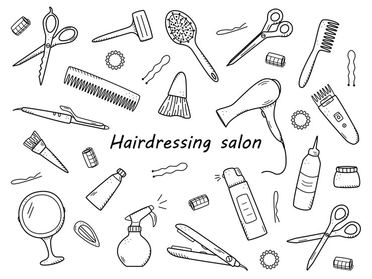 Kit de herramientas de peluquería para salón de belleza o uso doméstico. Ilustración de vector de iconos de doodle para el cuidado personal y del cabello. Peine, maquinilla de afeitar, secador de pelo, rizador y otros artículos.