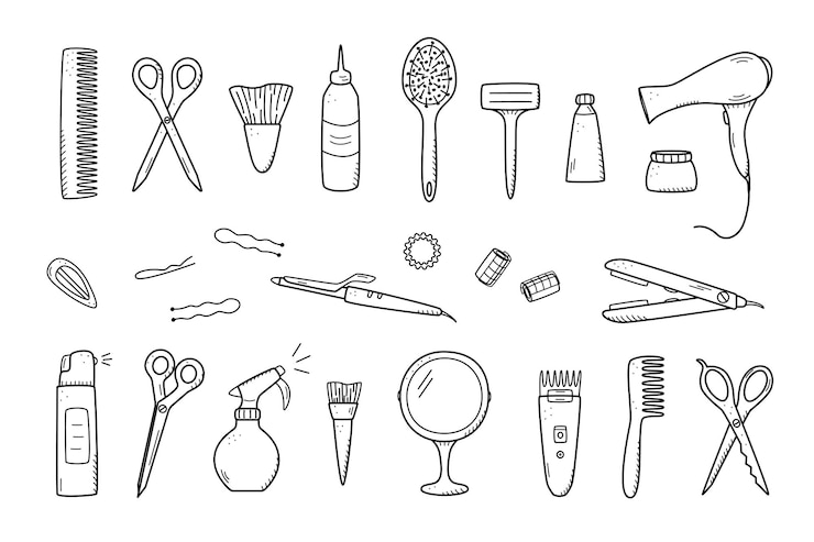 Kit de herramientas de peluquería para salón de belleza o uso doméstico. Ilustración de vector de iconos de doodle para el cuidado personal y del cabello. Peine, maquinilla de afeitar, secador de pelo, rizador y otros artículos.