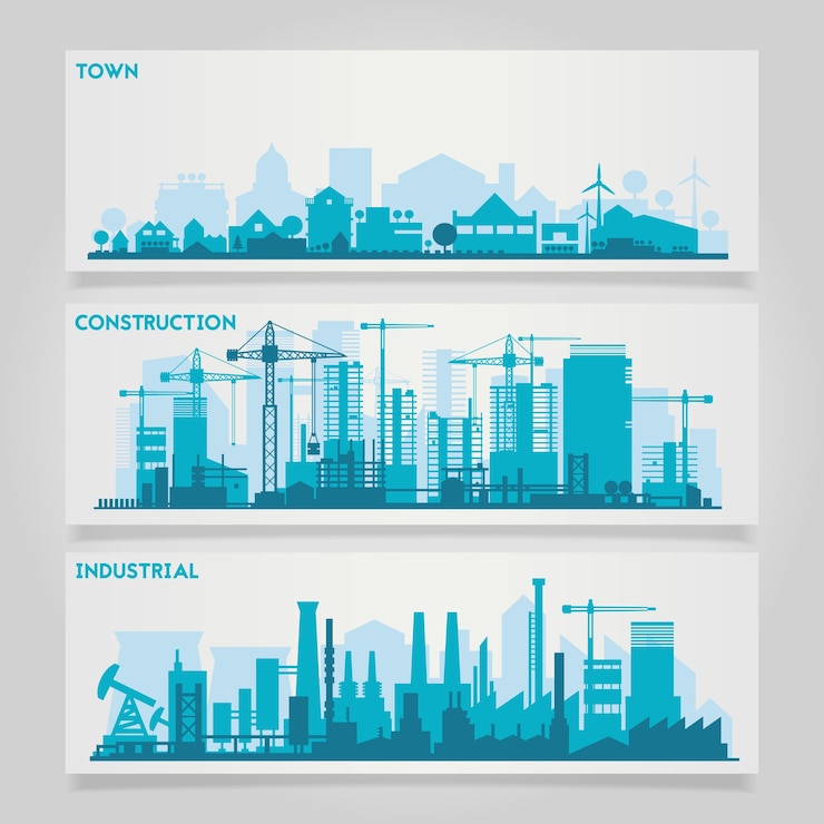 Vector kit de horizonte de banners horizontales de vector con fábricas y partes industriales de ciudades y pueblos pequeños
