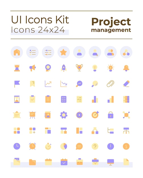 Kit de iconos de interfaz de usuario de color de degradado plano perfecto de píxeles de gestión de proyectos