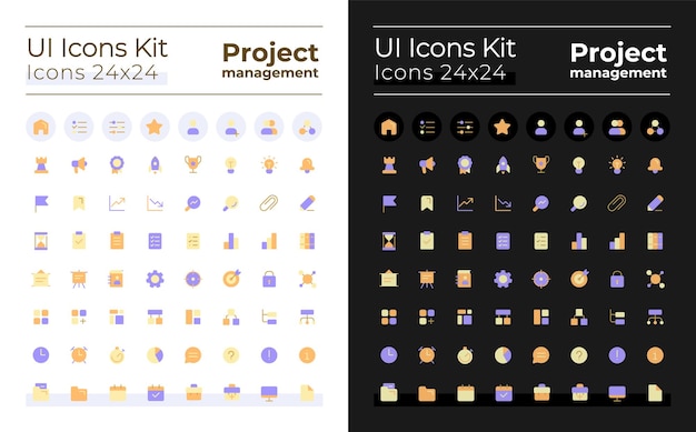 Kit de iconos de interfaz de usuario de color plano perfecto de píxeles de gestión de proyectos para el modo de luz oscura