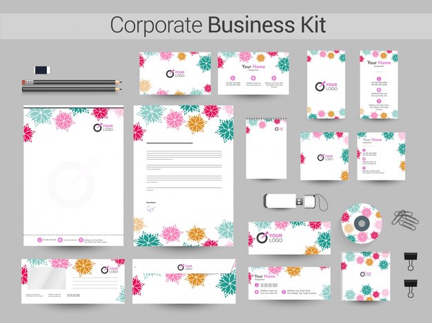 Vector kit de identidad corporativa con flores de colores.