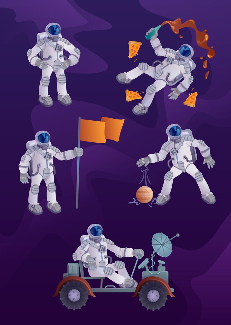 Vector kit de ilustraciones de personajes de dibujos animados de cosmonauta. astronauta en traje espacial, exploración espacial, vuelo espacial humano. plantillas listas para usar de un héroe cómico para comerciales, animación, impresión