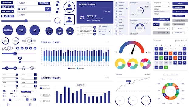 Un kit de interfaz moderno con botones, gráficos y elementos para crear aplicaciones web y tableros de control