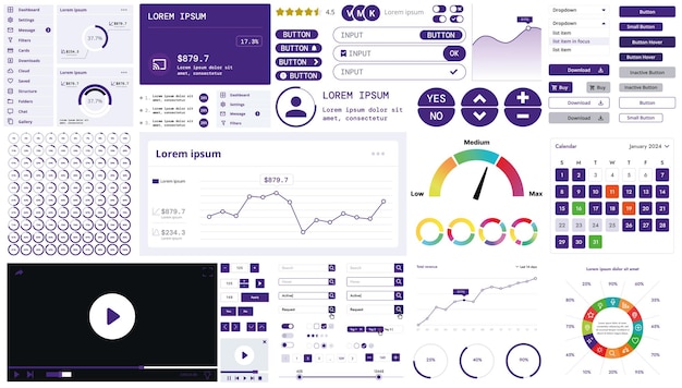 Un kit de interfaz moderno con botones, gráficos y elementos para crear aplicaciones web y tableros de control