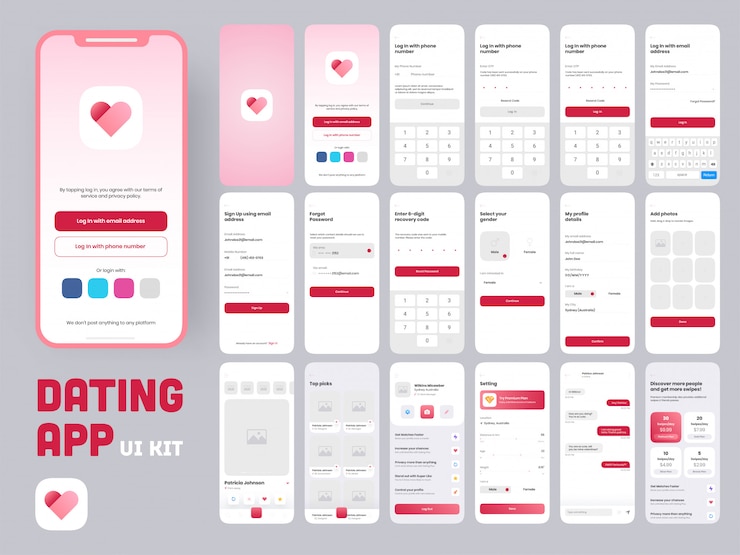 Vector kit de interfaz de usuario de la aplicación de citas para aplicaciones móviles o sitios web receptivos con diferentes diseños de gui, incluyendo cuentas creativas o perfiles, detalles, pantallas de tipo de imagen.