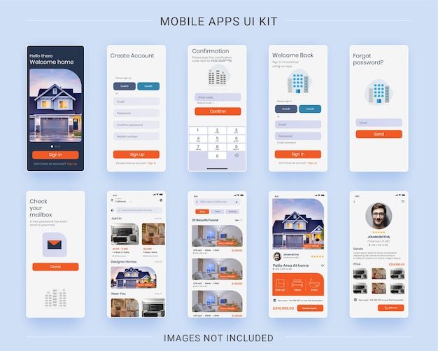 Vector kit de interfaz de usuario de aplicación móvil para bienes raíces