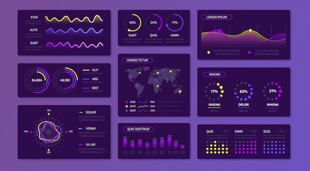Kit de interfaz de usuario infográfico de datos del tablero para el panel de administración del sitio web con gráficos y barras de progreso interfaz de datos comerciales Presentación vectorial