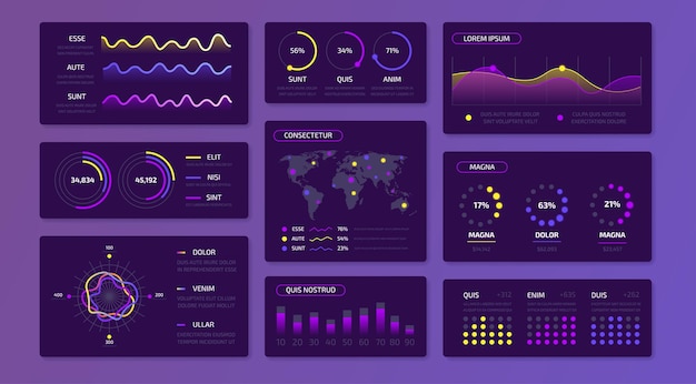 Kit de interfaz de usuario infográfico de datos del tablero para el panel de administración del sitio web con gráficos y barras de progreso interfaz de datos comerciales presentación vectorial