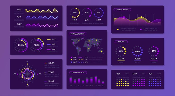 Kit de interfaz de usuario infográfico de datos del tablero para el panel de administración del sitio web con gráficos y barras de progreso interfaz de datos comerciales Presentación vectorial