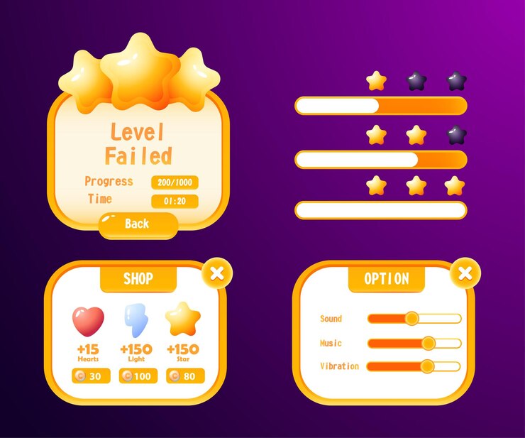 Vector kit de interfaz de usuario del juego conjunto de interfaz de usuario gui para crear juegos 2d vector de juego casual se puede utilizar en dispositivos móviles