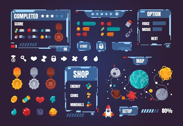 Kit de interfaz de usuario del juego Elementos del menú de la interfaz de dibujos animados Conjunto de botones y barras de progreso Medallas de premio Indicadores de arcade espacial Mapa con planetas y forma de cohete Conjunto de símbolos de interfaz gráfica de usuario aislado vectorial