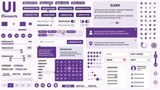 Kit de interfaz de usuario moderno con una colección de botones esenciales, iconos y elementos de navegación para sitios web y aplicaciones móviles, ideal para diseños y tableros de instrumentos responsivos