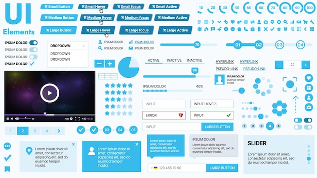 Kit de interfaz de usuario moderno con una colección de botones esenciales, iconos y elementos de navegación para sitios web y aplicaciones móviles, ideal para diseños y tableros de instrumentos responsivos