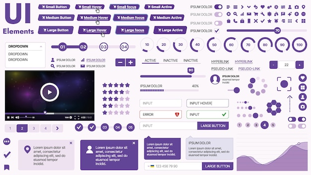 Kit de interfaz de usuario moderno con una colección de botones esenciales, iconos y elementos de navegación para sitios web y aplicaciones móviles, ideal para diseños y tableros de instrumentos responsivos