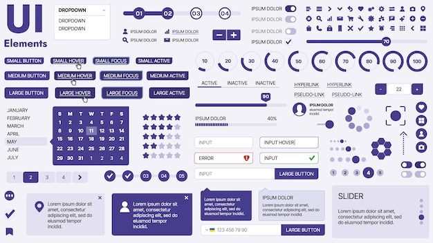 Kit de interfaz de usuario moderno con una colección de botones esenciales, iconos y elementos de navegación para sitios web y aplicaciones móviles, ideal para diseños y tableros de instrumentos responsivos