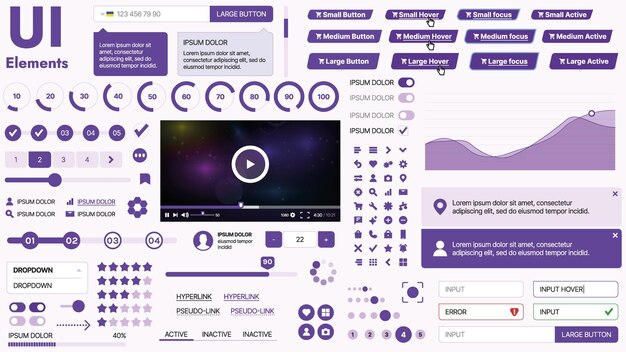 Kit de interfaz de usuario moderno con una colección de botones esenciales, iconos y elementos de navegación para sitios web y aplicaciones móviles, ideal para diseños y tableros de instrumentos responsivos