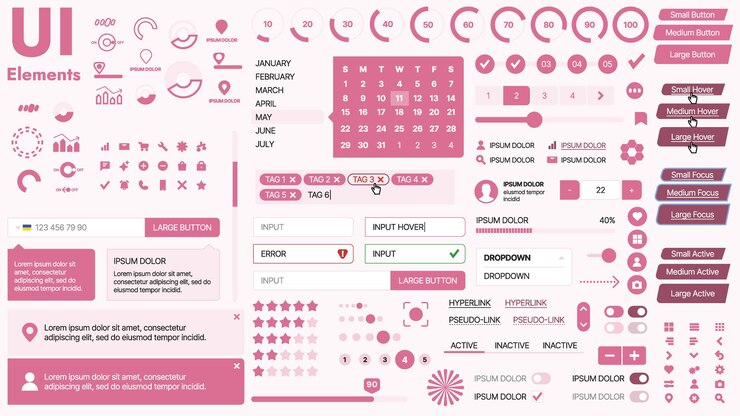Vector kit de interfaz de usuario moderno con una colección de botones esenciales, iconos y elementos de navegación para sitios web y aplicaciones móviles, ideal para diseños y tableros de instrumentos responsivos