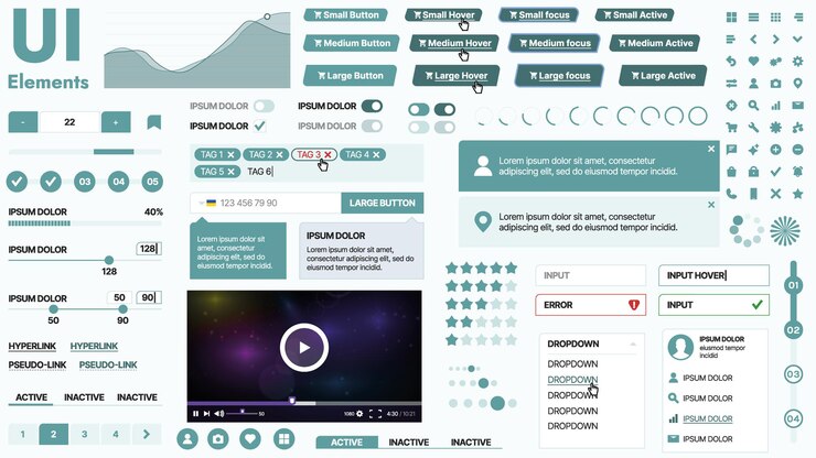 Vector kit de interfaz de usuario moderno con una colección de botones esenciales, iconos y elementos de navegación para sitios web y aplicaciones móviles, ideal para diseños y tableros de instrumentos responsivos