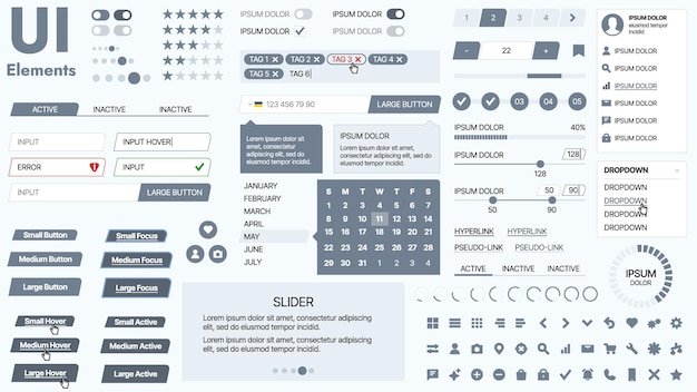 Kit de interfaz de usuario moderno con una colección de botones esenciales, iconos y elementos de navegación para sitios web y aplicaciones móviles, ideal para diseños y tableros de instrumentos responsivos
