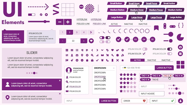 Vector kit de interfaz de usuario moderno con una colección de botones esenciales, iconos y elementos de navegación para sitios web y aplicaciones móviles, ideal para diseños y tableros de instrumentos responsivos