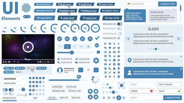 Kit de interfaz de usuario moderno con una colección de botones esenciales, iconos y elementos de navegación para sitios web y aplicaciones móviles, ideal para diseños y tableros de instrumentos responsivos