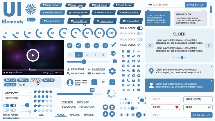 Vector kit de interfaz de usuario moderno con una colección de botones esenciales, iconos y elementos de navegación para sitios web y aplicaciones móviles, ideal para diseños y tableros de instrumentos responsivos