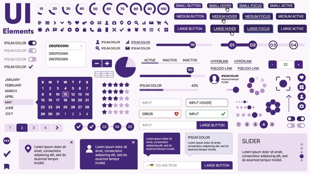 Kit de interfaz de usuario moderno con una colección de botones esenciales, iconos y elementos de navegación para sitios web y aplicaciones móviles, ideal para diseños y tableros de instrumentos responsivos