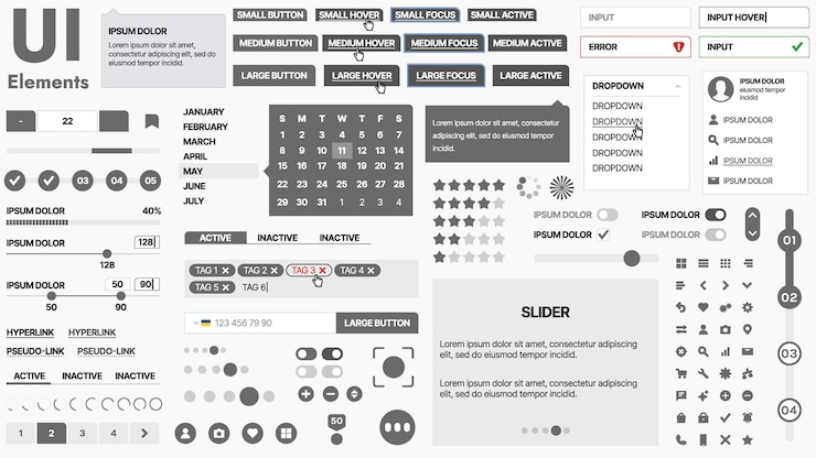 Vector kit de interfaz de usuario moderno con una colección de botones esenciales, iconos y elementos de navegación para sitios web y aplicaciones móviles, ideal para diseños y tableros de instrumentos responsivos