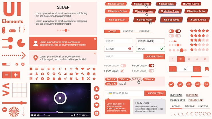 Vector kit de interfaz de usuario moderno con una colección de botones esenciales, iconos y elementos de navegación para sitios web y aplicaciones móviles, ideal para diseños y tableros de instrumentos responsivos