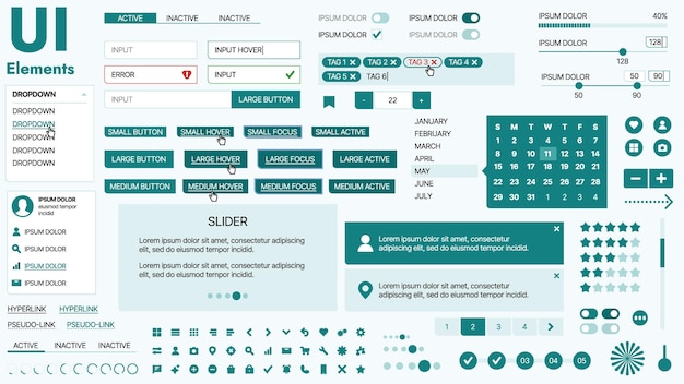 Kit de interfaz de usuario moderno con una colección de botones esenciales, iconos y elementos de navegación para sitios web y aplicaciones móviles, ideal para diseños y tableros de instrumentos responsivos