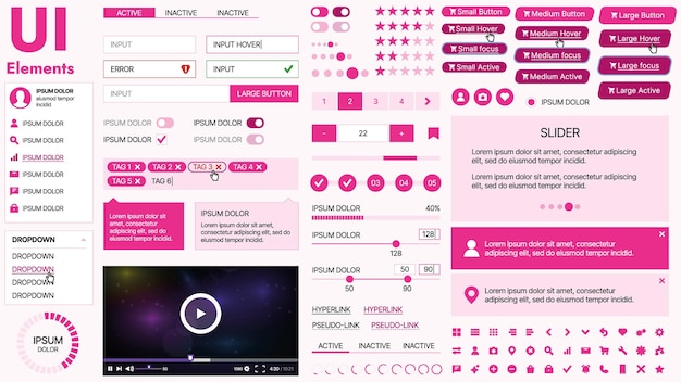 Kit de interfaz de usuario moderno con una colección de botones esenciales, iconos y elementos de navegación para sitios web y aplicaciones móviles, ideal para diseños y tableros de instrumentos responsivos