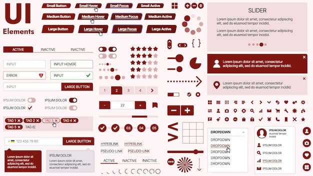 Kit de interfaz de usuario moderno con una colección de botones esenciales, iconos y elementos de navegación para sitios web y aplicaciones móviles, ideal para diseños y tableros de instrumentos responsivos