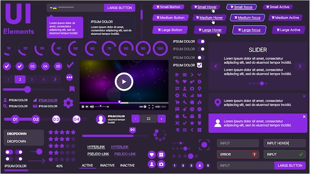 Un kit de interfaz de usuario moderno con una colección de botones, iconos, menús de navegación y diseño receptivo