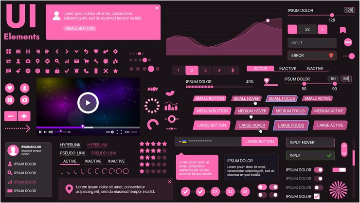 Vector un kit de interfaz de usuario moderno con una colección de botones, iconos, menús de navegación y diseño receptivo
