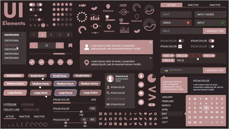 Vector un kit de interfaz de usuario moderno con una colección de botones, iconos, menús de navegación y diseño receptivo