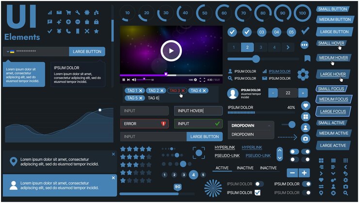 Vector un kit de interfaz de usuario moderno con una colección de botones, iconos, menús de navegación y diseño receptivo