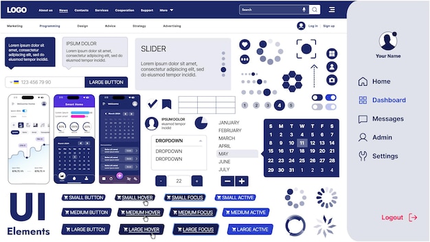 Un kit de interfaz de usuario moderno con una colección de botones, iconos, menús de navegación y diseño receptivo