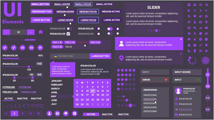 Vector un kit de interfaz de usuario moderno con una colección de botones, iconos, menús de navegación y elementos de diseño receptivos incluye formularios de inicio de sesión, reproductores de medios, barras de búsqueda y calendarios ideales para aplicaciones y sitios web